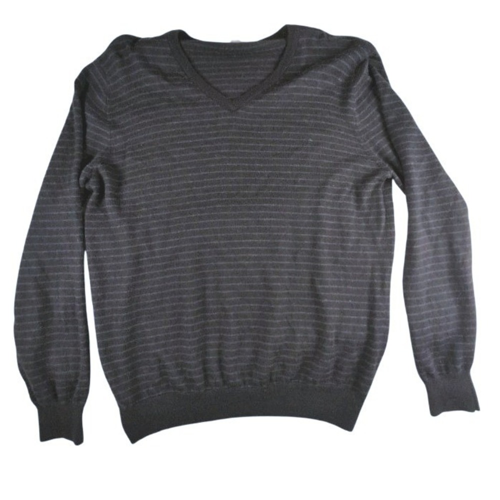 Calvin Klein Mens Black Gray‎ Striped Merino Wool Blend Crewneck Sweater XL